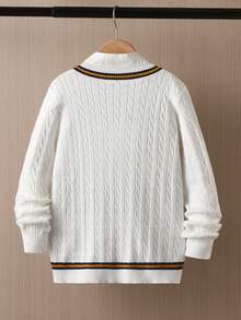 Boys V-Neck Long Sleeve Knitted Sweater With 3D Cable Knit And Color Block Stripes, Preppy Casual Versatile Pullover For School Daily Wear In Autumn/Winter - White - View 3