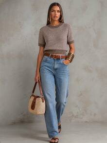 Autumn/Winter New Women's Ribbed Knit Short Sleeve Crew Neck Top, Cropped Striped Knit Sweater Summer - Khaki - View 1