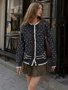New Autumn/Winter Women's Casual Minimalist Retro Polka Dot Design Horn Button Knit Cardigan Sweater Jacket - Grey - View 3