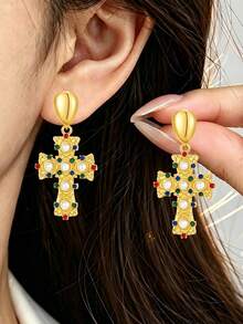 1pair Y2K Colorful Cubic Zirconia Chunky Cross Shape Pendant Earrings For Women,Luxury Vintage Earring Jewelry For Wedding/Vacation/Christmas Day - Large Cross Earrings - View 2