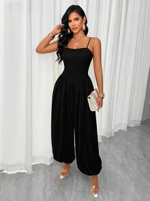 AIJ Elegant Women's Black Sleeveless Backless Jumpsuit, Spaghetti Strap Long Camisole Style, Ruched Woven Fabric, Summer - Black - View 5