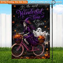 1pc 2D Flat Garden Flag, Halloween Theme Witch Riding Bicycle Polyester Garden Flag, Single-Sided Print, Suitable For Home And Garden, Holiday Decoration, Porch Decor, Flag Pole Not Included - A - View 2