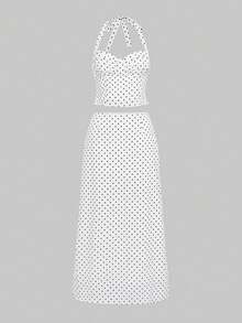 Women's Polka Dot Two Pieces Set Sexy Halter Top Skirt Casual Fall Outfits For Vacation Going Out Dating - White - View 8