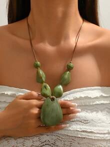 1 buah Kalung Rantai Tulang Selangka Pendek Bergaya Bohemian Vintage yang Berlebihan, Perhiasan Wanita - Hijau - View 2