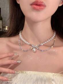 Kalung Pita Manik Mutiara yang Menawan, Aksesori Kalung Pesta Modis, Kalung Hadiah Ulang Tahun untuk Pacar - Perak - View 3