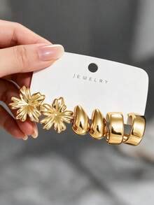 9 Pairs Vintage Gold Earrings 3 Pieces Set For Women, Floral And Textured Hoop Design, Lightweight Hypoallergenic Versatile, Perfect For Date, Party, Birthday Gift - Gold - View 3