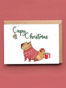 1pc Cute Christmas Card With Envelope, Printed Capybara In Xmas Jumper & Gift Boxes, "Capy Christmas", For Wife, Husband & Animal Lovers, Holiday Gift Exchange, Blank Inside - A - View 6