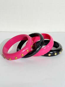 1PC/4PCS Gelang Resin Rivet Logam Asimetris Geometris Blok Warna Merah Muda & Hitam Manis Perhiasan Personalisasi Gadis Y2K Cocok Untuk Pemakaian Sehari-hari Dan Paduan Pesta - MultiWarna - View 3