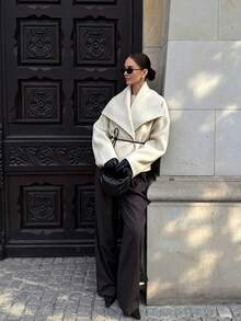 Elegant Women's Beige Open Front Wool Coat, Long Sleeve Dropped Shoulder Jacket With Belt, Suitable For Autumn/Winter Wear. Fall - Apricot - View 5