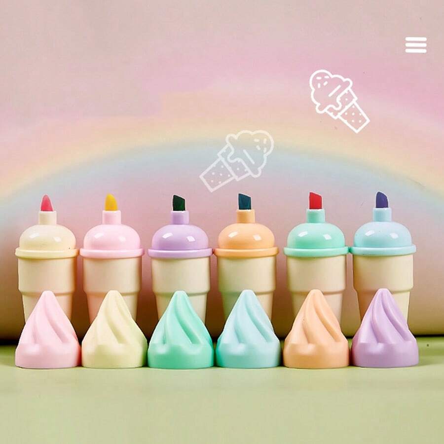 6pcs Ice Cream Cone Shaped Fluorescent Pens, Cute Ice Cream Design Pastel Highlighters, Student Planner Marking Atmosphere Goodies, Creative 3D Ice Cream Cone Shape, Fresh And Cute Appearance, Realistic Ice Cream Look, Full Of Childhood Charm, Soft Macaron Pastel Ink, Transparent Color, Marking Key Points Without Covering Book Text, Clearer Reading And Viewing, Oblique Tip Design, Dual Use For Underlining And Coloring