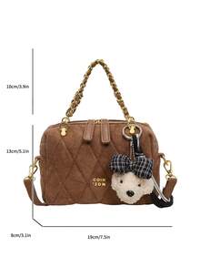 Quilted Faux Suede Mini Boston Bag For Women, Chain Handle Crossbody Purse, Small Shoulder Handbag With Bear Charm Pendant - Brown - View 4