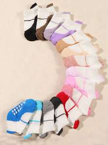 10 Pairs Baby Toddler Contrast Patchwork Short Socks, Vibrant Colorful Pastel Rainbow Heart Pattern Non-Slip Silicone Grip, Soft Elastic Breathable Low-Cut Anti-Slip Socks, Suitable For Indoor Floor Walking, Playing And Daily Casual Wear - Multicolor - View 4
