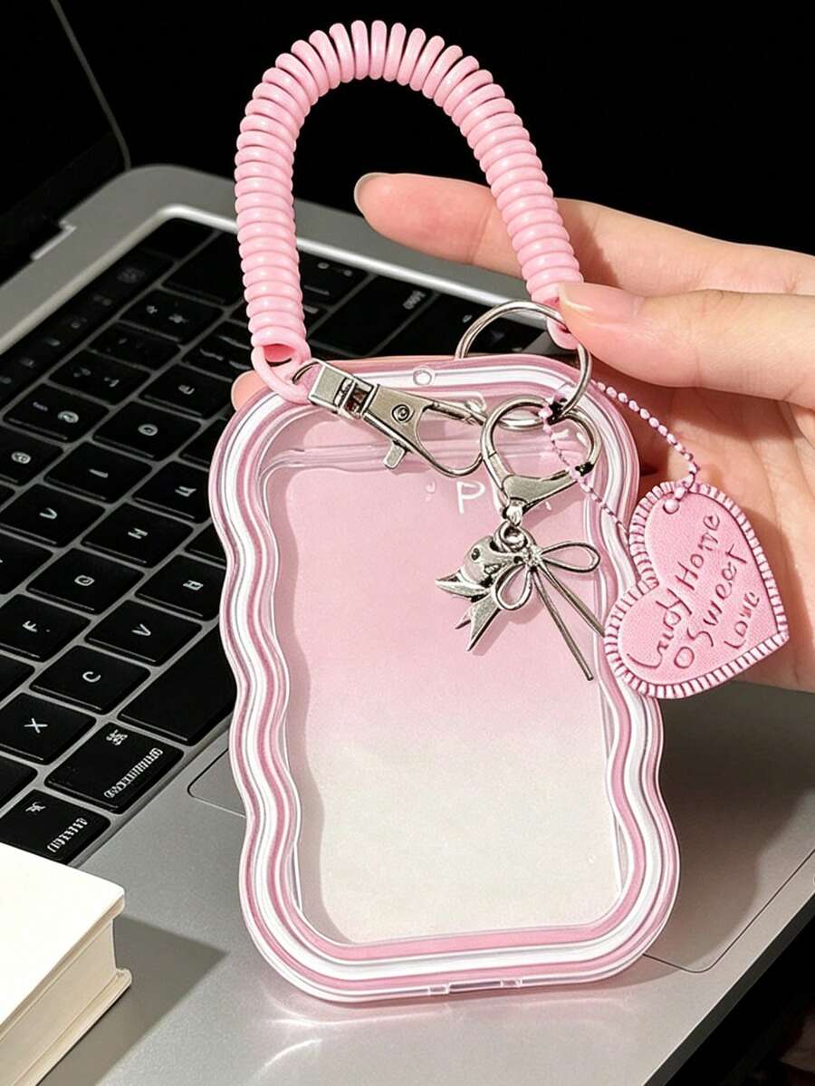 Wavy Edge Transparent Acrylic Card Holder, Y2K Style, With Phone Charm Heart Cat Bow Pendant, Card Holder Accessories, DIY Card Storage Case, Fits Idol Photos, Custom Printed Cards, School ID Cards, Access Cards, ID Cards, Work Badges And Metro Cards, Outer Wavy Asymmetric Frame, For Students And Idol Fans To Decorate Their Cards, Keychains, Backpack Charms, Back To School Essential, Ideal Gift For Girls (Card Paper Not Included) - Multicolor - View 1