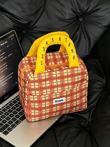 Cute Preppy Style Polyester Square Insulated Lunch Bag, Digital Number Padded Handle, Front Patch Pocket, Zipper Closure Thermal Cooler Pouch, Portable Food Storage Handbag, For Back‑To‑School Office Picnic Daily Outdoor Use - Multicolor - View 10