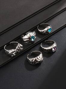5 piezas de anillos de metal geométricos líquidos de moda hip hop punk, con incrustaciones de strass, anillos ajustables para los nudillos - Plateado - Ver 3