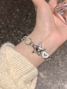 Women's Personalized Y2K Hip-Hop Style Star & Heart Chain Bracelet, Suitable For Summer, Versatile For Festivals, Parties, Beach Vacations - Silver - View 3