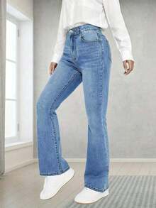 Teen Girl Classic Versatile Elastic Comfortable Flare Leg Jeans - Medium Wash - View 5