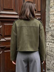 Women's Spring/Autumn Solid Color Vintage Loose Suede Jacket, Lapel Double-Breasted Short Coat, Urban Stroll Weekend Casual Top - Green - View 2
