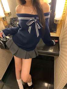Women's Bow-Knit Fitted Off-Shoulder Sweater Top - Navy Blue - View 4