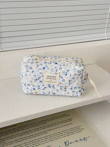 1pc/3pcs Light Blue Quilted Makeup Bag Set With Floral Pattern, Suitable For Travel; Zippered Storage Bag With Rope Texture Design For Organizing Cosmetics; Mini Pen Case With Fresh Soft Floral Pattern Design, Specially Designed For Girls, Suitable For Daily Makeup, Skincare, Travel And Stationery Storage - Multicolor - View 2
