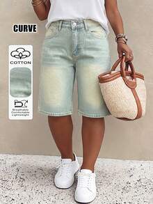 Mid-Waist Non-Stretch Vintage Retro Casual Women's Plus Size Denim Bermuda Shorts - Dark Wash - View 6