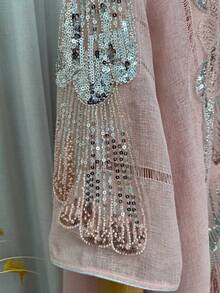 Sequin Embroidered Abaya Robe, Stand Collar Long Sleeve Modest Kaftan, Dubai Luxury Ramadan Evening Gown, Suitable For Eid, Ramadan, Wedding Party - Pink - View 9