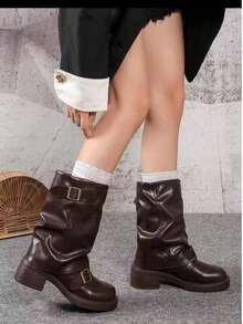 1 Pair Casual Mid-Calf Ruched Boots..Great Choice For Outdoor Shopping, Vacation, Leisure And Entertainment, Shopping Mall - Brown - View 3