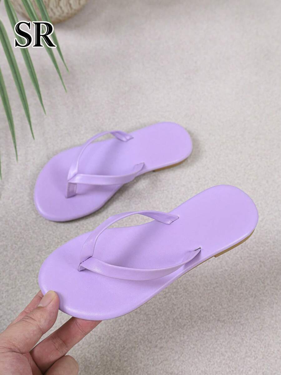 1 Pair Purple Flip Flops For Kids, Fashionable Minimalist Casual Sandals, Beach Holiday Shoes For Children