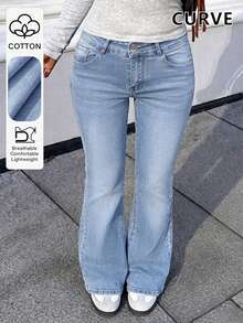 Plus Size Women's Flare Jeans, With Pockets, Button, Zipper And High Stretch Fabric - Light Wash - View 3