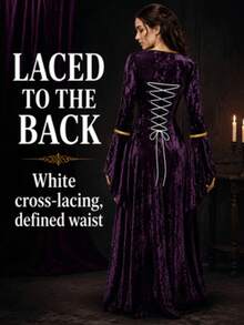 Halloween Cosplay Costume Witch Outfit Women Vampire Costume Lady Medieval Queen Costume Gold Velvet Robe Long Sleeve Renaissance Dress Lace-Up Corset - Purple - View 6