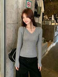 Grey Long Sleeve Knit Sweater Base Layer Top For Women, Slimming Korean Style Early Autumn New Arrival - Grey - View 2