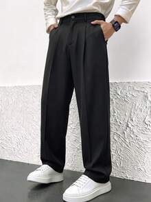 Men's Old Money Style Pleated Loose Straight Leg Wide Leg Casual Pants, Business Casual Pleated Wide Leg Long Pants - Black - View 3