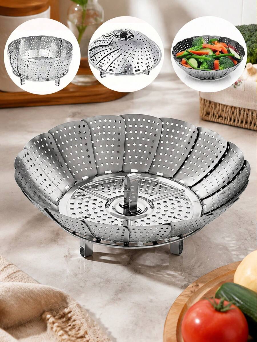 Keranjang Kukus Stainless Steel yang Dapat Diperluas, Rak Kukus Panci Lipat, Baki Kukus Multifungsi, Aksesoris Kukus Dapur Rumah, Kisi Kukus Air untuk Buah, Sayuran, dan Makanan Lainnya