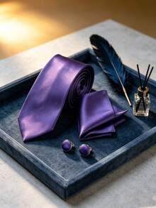 1 Set Silk Solid Color Tie, Pocket Square, Cufflinks 3 Pieces Set Suitable For Business Casual, Wedding, Banquet - Dark Purple - View 3