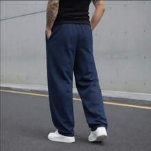 Men's Oversized Sweatpants, Loose-Fit, Knit Fabric, With Drawstring And Pockets, Medium Stretch, Comfortable For Loungewear. - 藏蓝色 - 查看 2