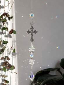 1pc Vintage Carved Metal Cross Crystal Hanging Ornament, Rainbow Sun Catcher Pendant, Suitable For Yard, Home, Bedroom Or Car Rearview Mirror Window Decoration, Faith Gift - Cross Pendant - View 5