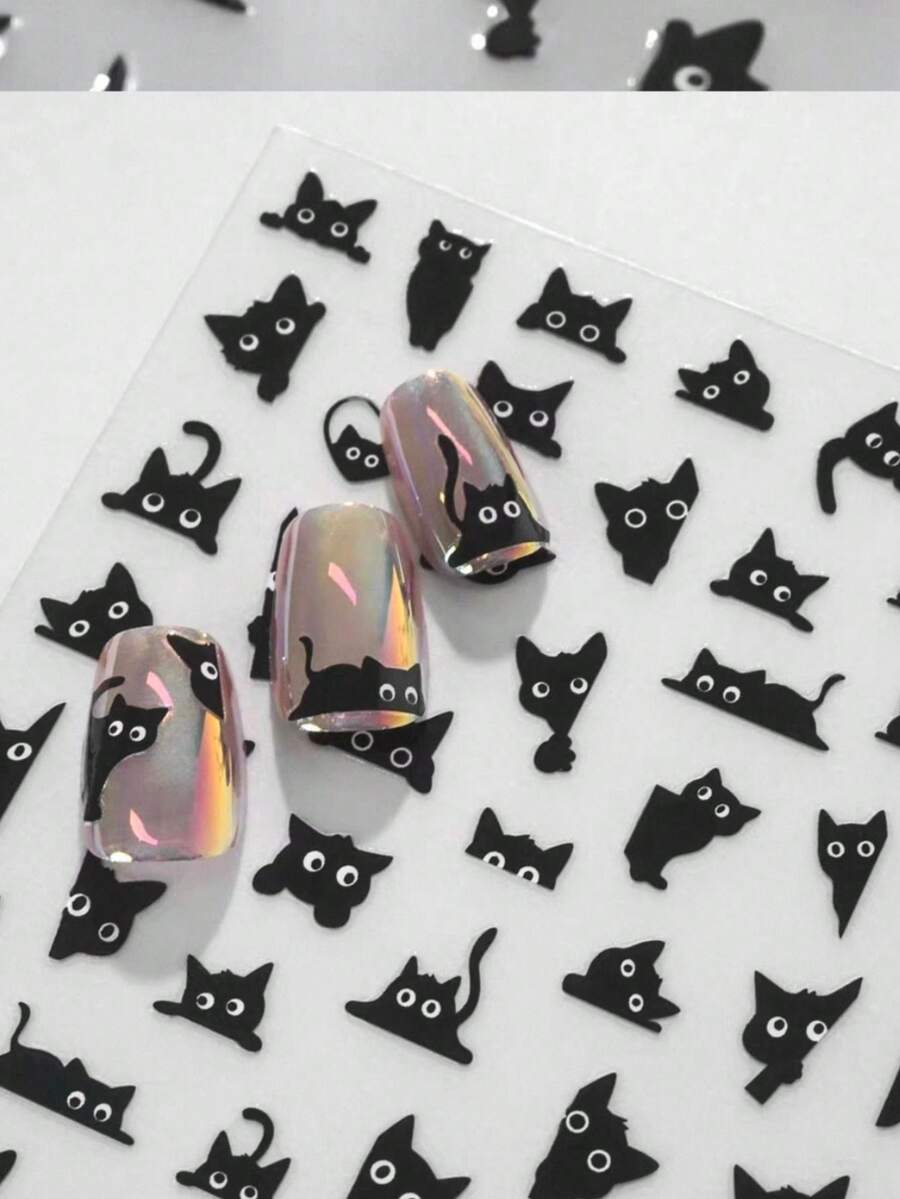 1pc, Multiple Styles Of Minimalist Black Cat Patterns With Various Expressions And Poses, Some Cats Placed Within Heart Outlines, Clean And Exquisite Lines, Cool And Minimalist Overall Style, Self-Adhesive, Suitable For Various Decorative Scenes. - Multicolor - View 1