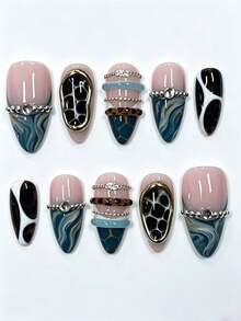 1 Set Handmade Almond-Shaped Press-On False Nails, Vintage Morandi Blue-Gray Fluid Gradient Honeycomb Leopard Print Color-Blocked Metal Chain Gold Frame Large Diamond French Detachable Wearable Nails. - Multicolor - View 1