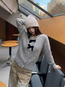 Korean Style Lace Trim Bow Single-Breasted Knit Cardigan Sweater For Women, Autumn/Winter Elegant Knitwear - Grey - View 5