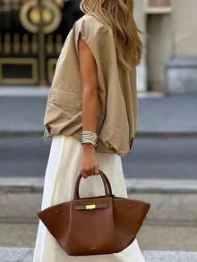 Autumn European And American Style Casual Versatile Women's Design Pleated Loose Vest Jacket With Pockets And Zipper For Back To School And Summer - Khaki - View 3