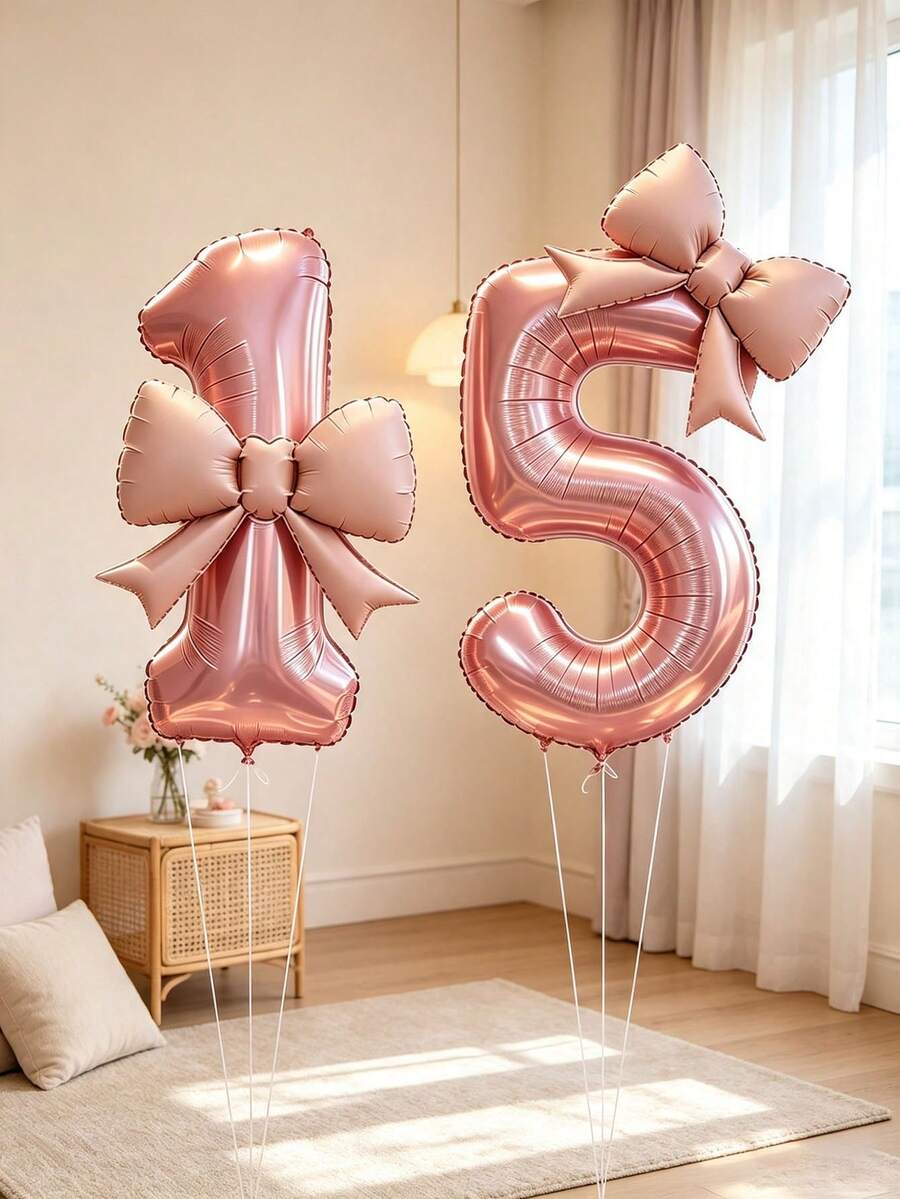 4pcs 32 Inch Pink Number 1 And 5 Foil Balloons (Ribbon Not Included) With Pink Bow Balloons, 15th Birthday Princess Theme Party Decoration Number Balloons - Pink Bow 15 - View 1