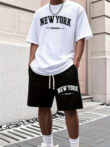 Men'S New York Casual Short Sleeve Black With White Lettering Casual Style| Comfortable Fit, PLUS SIZE  Men's Casual Outfit, Cotton Sportswear Set - 白色 - 查看 14