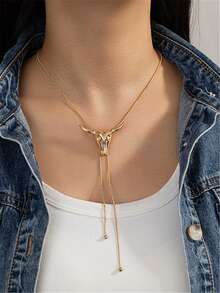 1 pieza Collar Bolo Vintage Western con Calavera de Longhorn, Cadena de Serpiente Ajustable en Forma de Y-Lazo, Joyería Bohemiana para Mujer Vaquera en Vacaciones - Dorado - Ver 1