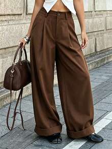 Women's Casual Wide Leg Brown Button Pleated Loose Long Pants, Summer & Autumn, Commute, Shopping, Daily Wear, Office Outfit - Brown - View 5