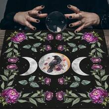 1pc Triple Moon Raven Purple Peony Tarot Cloth, Black Star Floral Witch Altar Mat, Gothic Botanical Moon Phase Divination Tablecloth Spiritual Wall Tapestry - Multicolor - View 4