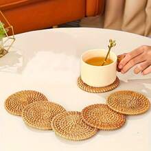 1/6pcs Handmade Rattan Coasters - Autumn Vine Pattern, Heat-Resistant Kitchen & Dining Coasters, Wooden Tea Set Storage Accessories, With 1 Woven Storage Accessory, Designed For Kung Fu Tea, Can Be Used As Heat Insulation Pads, Great Home Gift - Brown - View 6