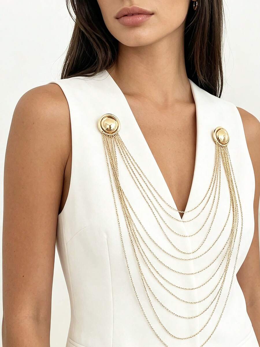 Women's Brooch - Gold Fashion INS Style Multi-Layer Chain Brooch With Tassel Double Buckle Design Suit Pin - Party - Evening - Star - View 1