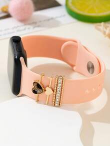 5pcs Fashionable Gold Leopard Print Heart Rhinestone Watch Band Decor Rings, Buckles And Studs For Apple Watch - Gold - View 4