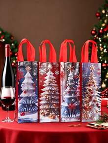 4pcs Red-Themed Christmas Gift Bag Featuring Snowflake And Christmas Tree Patterns; Suitable For Christmas Party Gift Wrapping, Holiday Wine Or Beverage Packaging, Christmas Dinner Party Favors, And More. - One Size Fits All - View 2