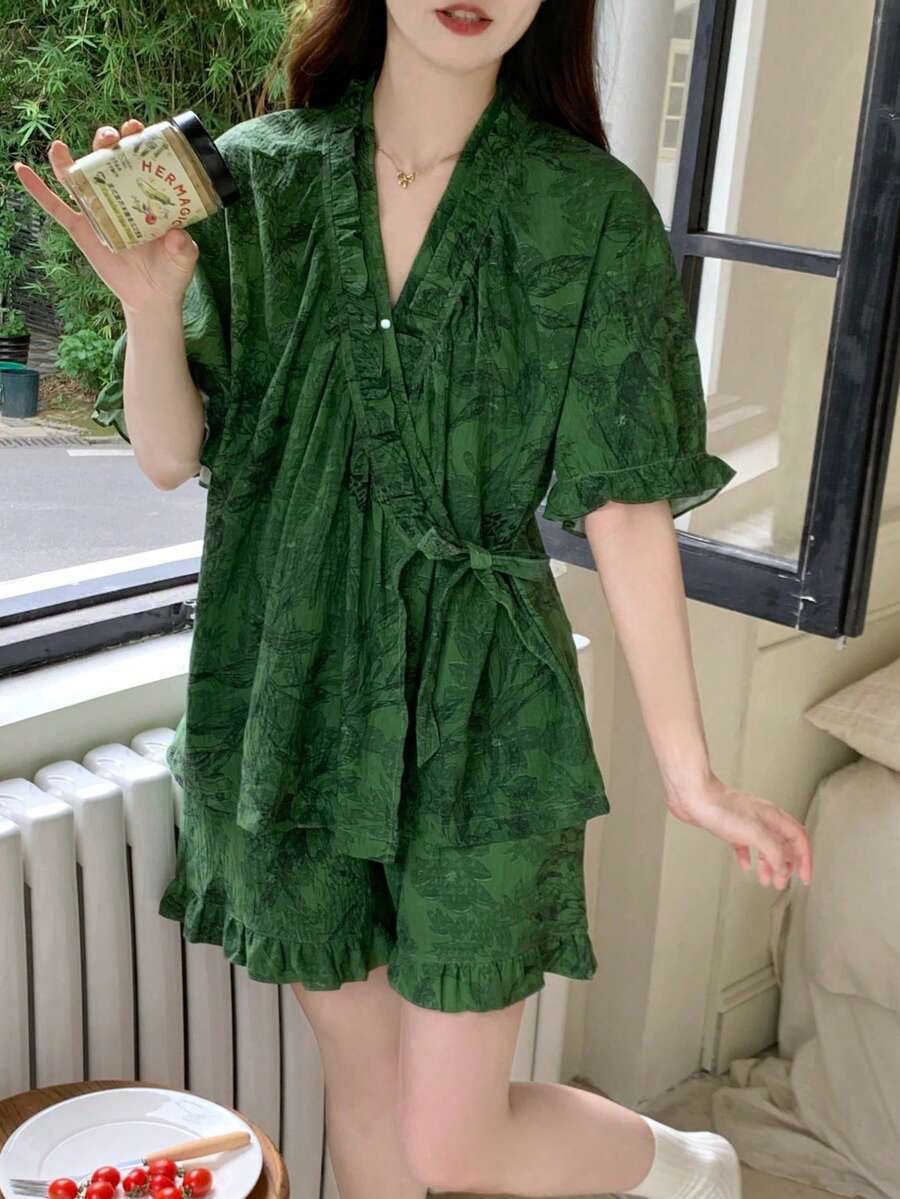 2件組女款睡衣套裝,短袖綁帶設計花卉印花時尚短褲,舒適居家穿著 - 綠色 - 查看 1